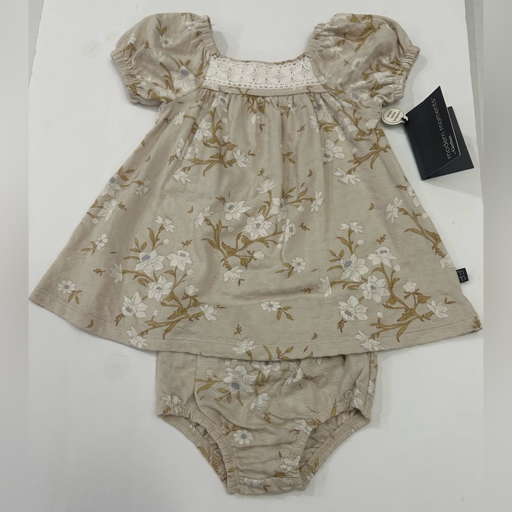 Beige Floral Modern Moments Baby Girl Puff Sleeve Dress and Diaper Cover